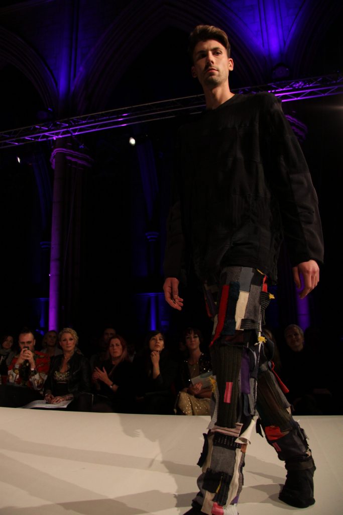 Model wearing Tracey Dockree's upcycled jumper and loungepants at BFW2015