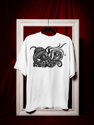 Black Octopus on white t-shirt